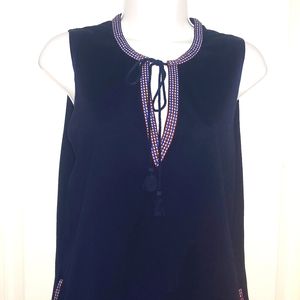 J CREW Navy Blue Sleeveless Top w/ Trim & Tassels. Small